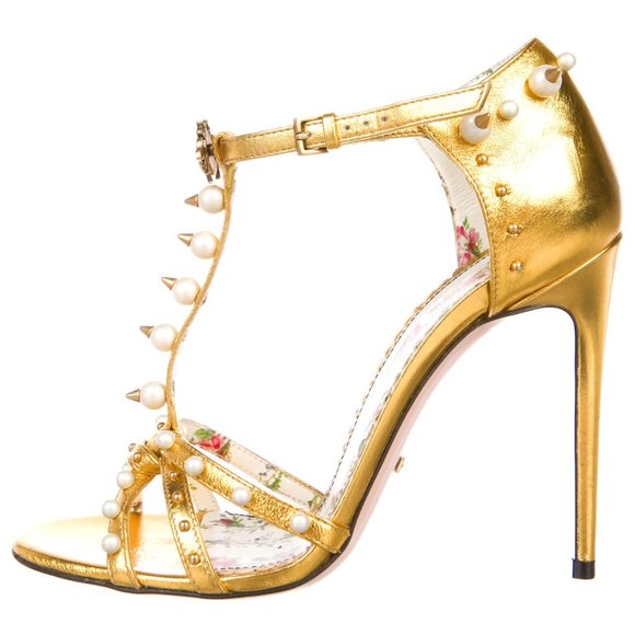 Gucci Shoes - ⭐️Gucci⭐️Pearl-Studded Regina Gold Strappy High Heel
